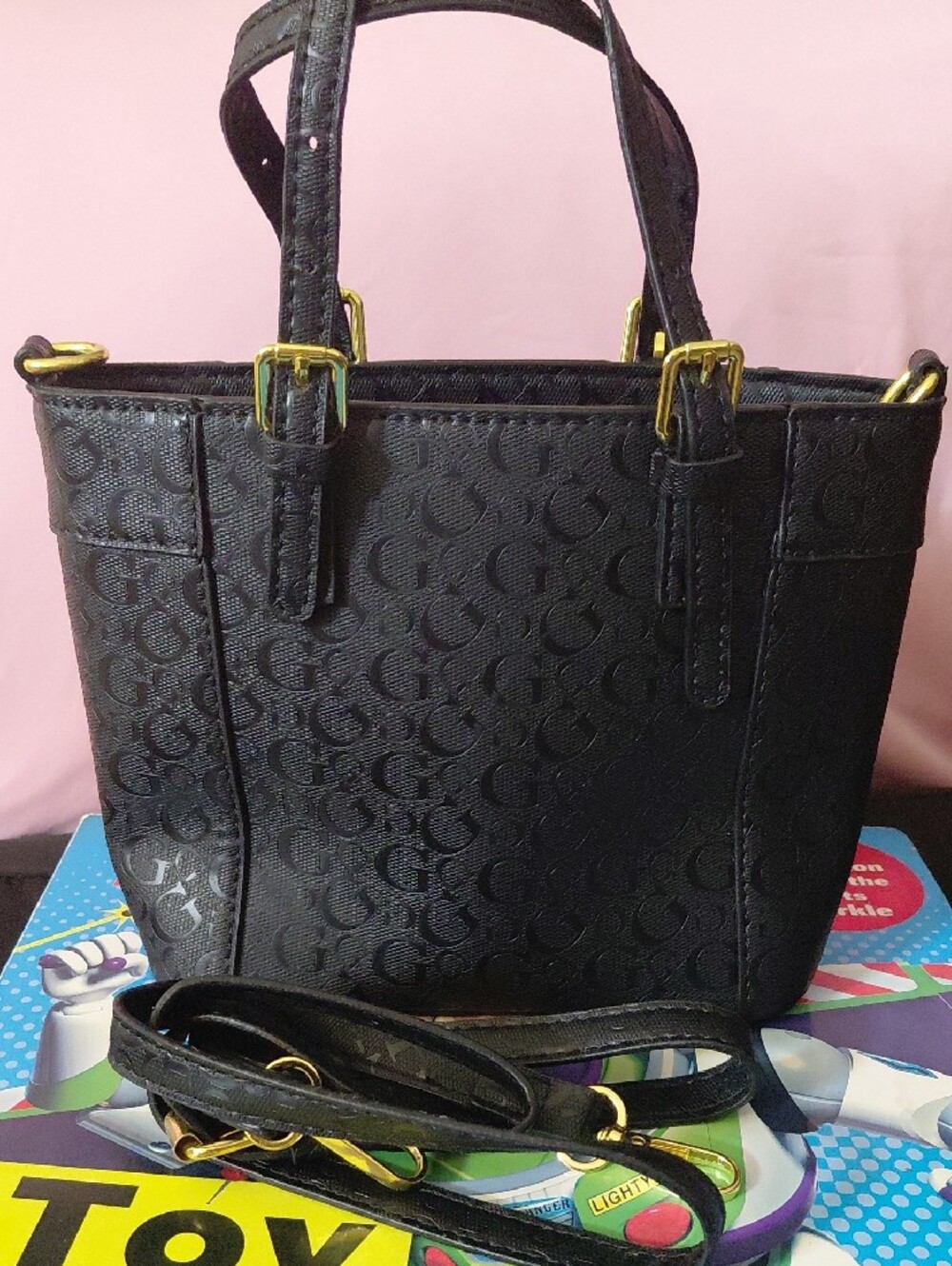 GUESS Black Embossed Logo Mini Tote with Gold Hardware - Picture 3 of 4